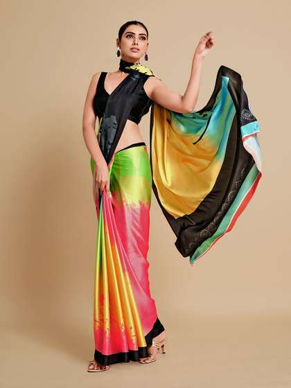 Sangria Lime Green & Blue Satin Saree