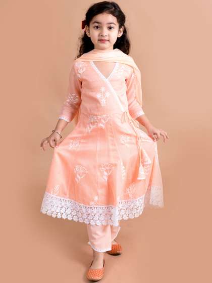 Pspeaches Girls Peach
                    Embroidered Angrakha Kurta Pant Dupatta Set