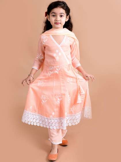Pspeaches Girls Peach
                    Embroidered Angrakha Kurta Pant Dupatta Set