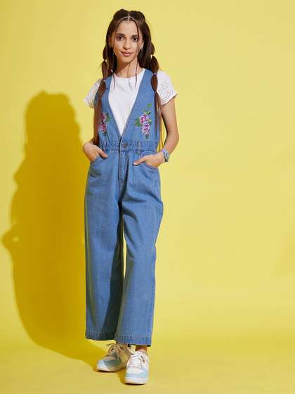 Noh Voh - SASSAFRAS Kids
                    Girls Blue & White Cotton Basic Jumpsuit with
                    Embroidered