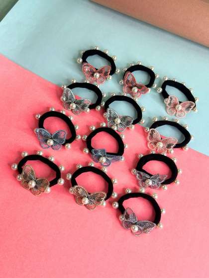 LAIDA Girls Pack of 12
                    Multicoloured Pearl Studded Butterfly Ponytail
                    Holders
