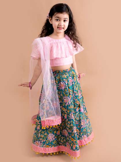 Pspeaches Girls Blue And
                    Pink Cotton Flared Lehenga Choli Dupatta Set