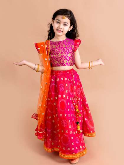Pspeaches Girls Magenta
                    And Orange Kota Check Foil Lehenga Brocade Choli
                    Set