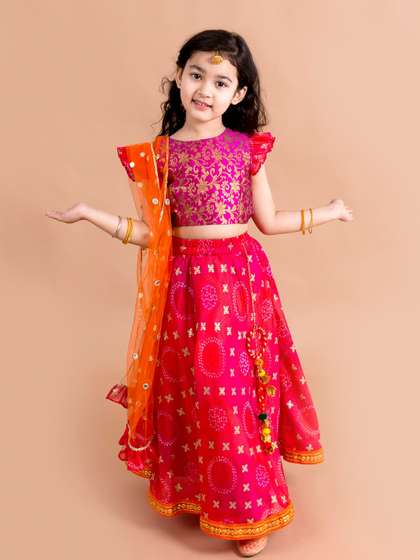 pspeaches Girls
                          Pink & Orange Ready to Wear Lehenga &
                          Blouse With Dupatta