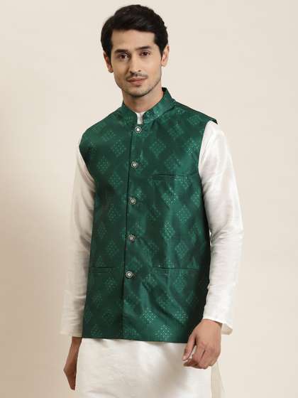 SOJANYA Men Green
                          & Golden Woven Design Nehru Jacket