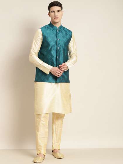 SOJANYA Men Teal
                          Blue & Golden Woven Design Nehru Jacket