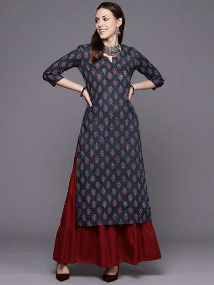 Varanga Navy Blue
                          Ethnic Motifs Jaipuri Printed Cotton Straight
                          Kurta