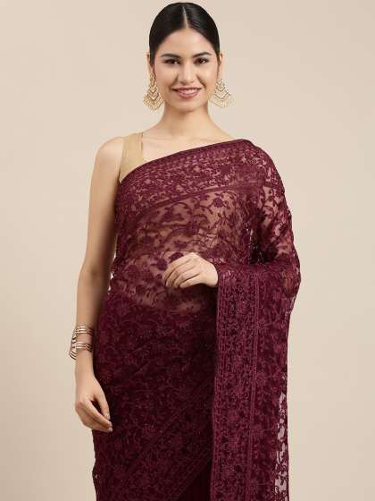 Pothys Maroon Floral Embroidered Net Saree
