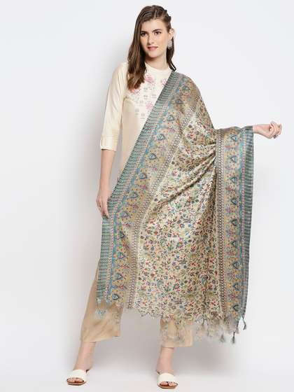 Dupatta Bazaar Beige & Blue Ethnic Motifs Printed Art Silk Dupatta