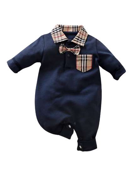 Hopscotch Infant Boys
                    Blue & Brown Checkered Cotton Rompers