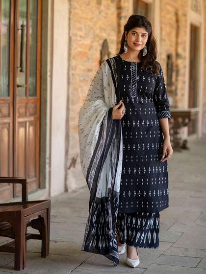 Nayo Women Black
                        Ikat Printed Pure Cotton Kurta with Trousers
                        & With Dupatta