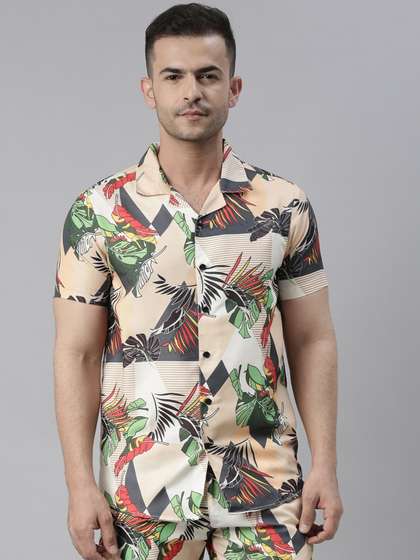 Bushirt Men Beige
                        & Green Printed Night Suit
