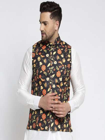 Kaifoo Men Printed Satin Silk Nehru Jackets