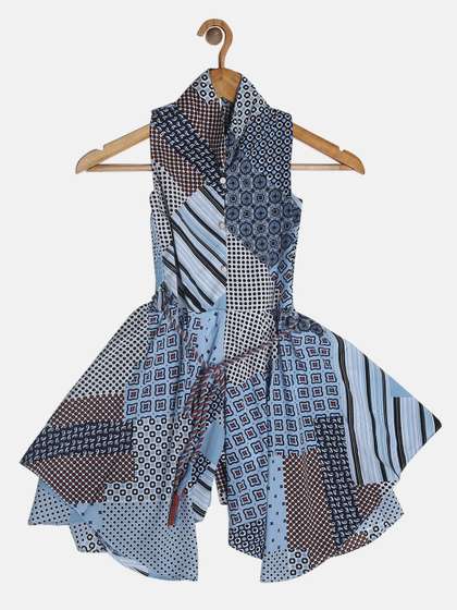 Peppermint Girls Blue
                    & Black Printed Patchworked Jumpsuit
