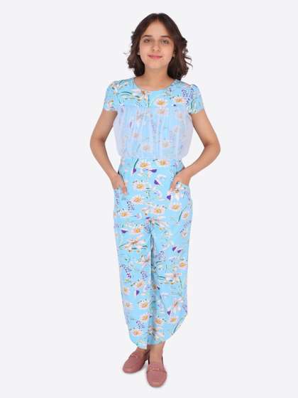 CUTECUMBER Girls Blue
                    & White Printed Round Neck Basic Jumpsuit
