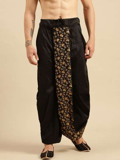 Here&Now X
                          Sanwara Men Black Embroidered Relaxed-Fit
                          Dhoti