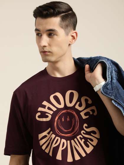 Difference of Opinion Men Burgundy & Beige Typography Printed Oversized Cotton T-shirt