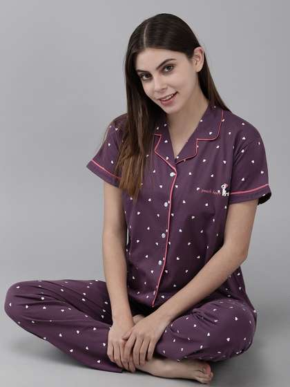 Zeyo Women Purple
                        Printed Cotton Night suit