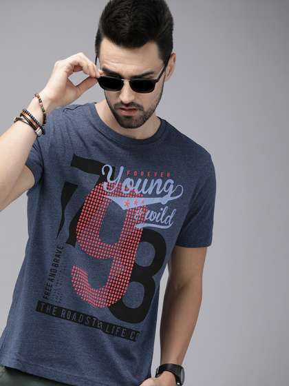 Roadster Men Navy Blue & Black Printed Pure Cotton T-shirt