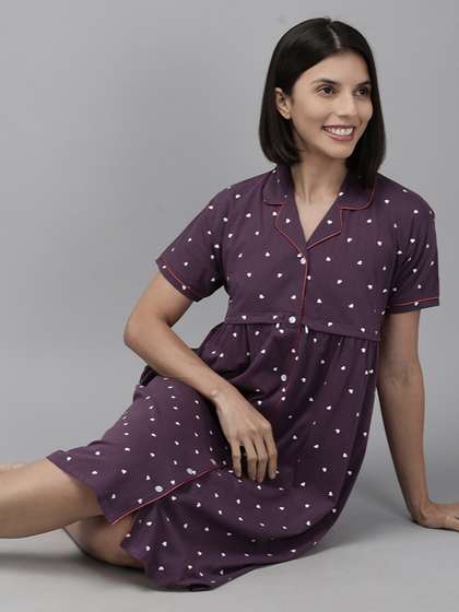 Zeyo Purple &
                          White Printed Cotton Maternity & Feeding
                          Nightdress