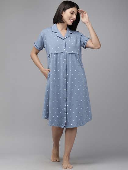 Zeyo Blue &
                        White Printed Cotton Maternity & Feeding
                        Nightdress