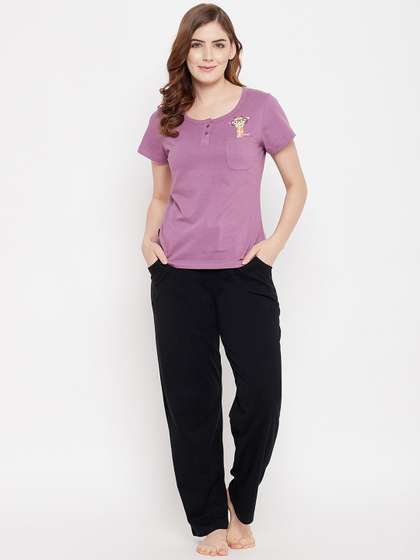 Clovia Women Purple
                        & Black Printed Night Suit