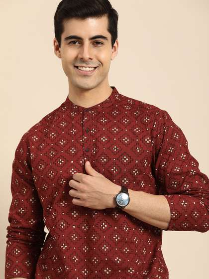 Anouk Men Red
                          & Cream-Coloured Ethnic Motifs Printed
                          Cotton Short Kurta