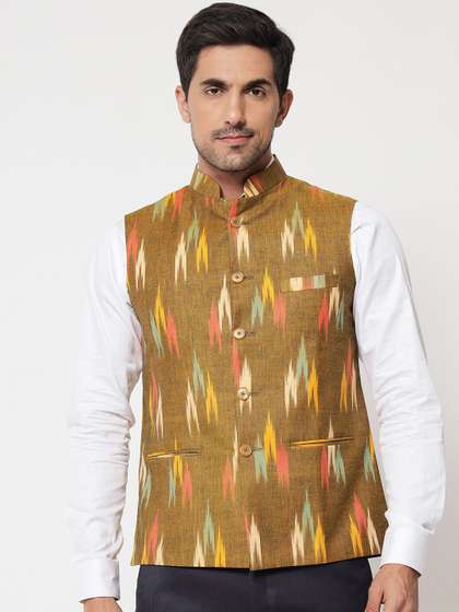 Vastraa Fusion Men Ikkat Printed Pure Cotton Nehru Jacket