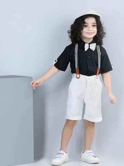 Aj DEZInES Boys Striped
                    Shirt with Shorts & Cap Suspenders Clothing Set