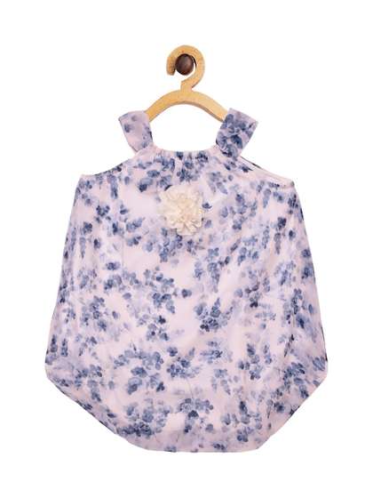 Creative Kids Girls
                    White & Blue Floral Print Romper Dress