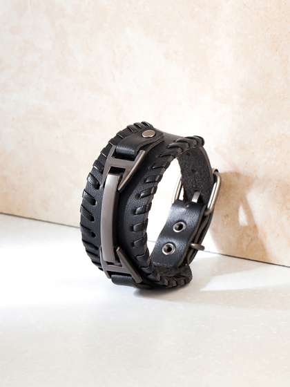 Yellow Chimes Men Black
                    Adjustable Braided Rope Alloy Leather Bracelet