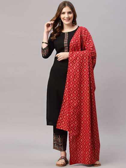 JAIPURI BUNAAI Women Black Kurta with Trousers & With Dupatta