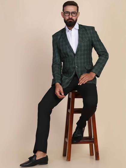 TAHVO Men Green
                          Checked Single-Breasted Two-Piece Suit