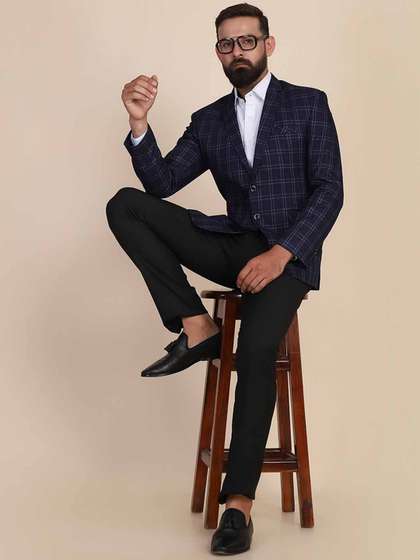 TAHVO Men Blue
                        Checked Single-Breasted Two-Piece Suit
