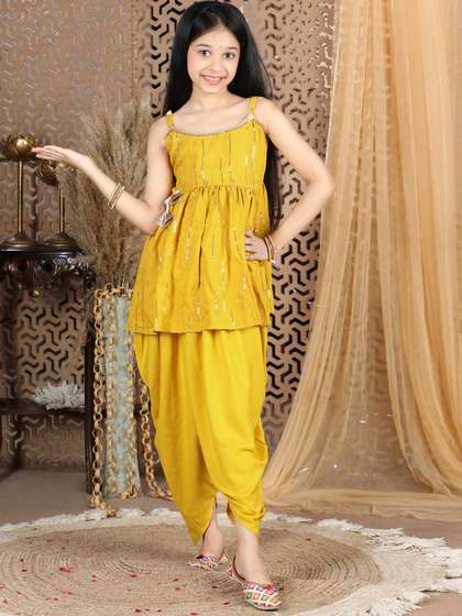 Cutiekins Girls Mustard
                    Yellow Sequinned Peplum Top with Dhoti Pants