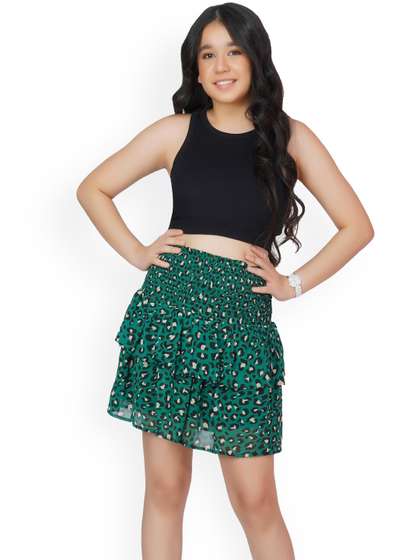 Dress My Angel Girls
                      Green Printed Smocked MiniSkirts