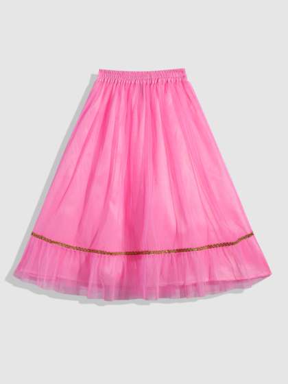 YK Girls Pink Printed Sibling Collection Ready to Wear Lehenga & Blouse With Dupatta