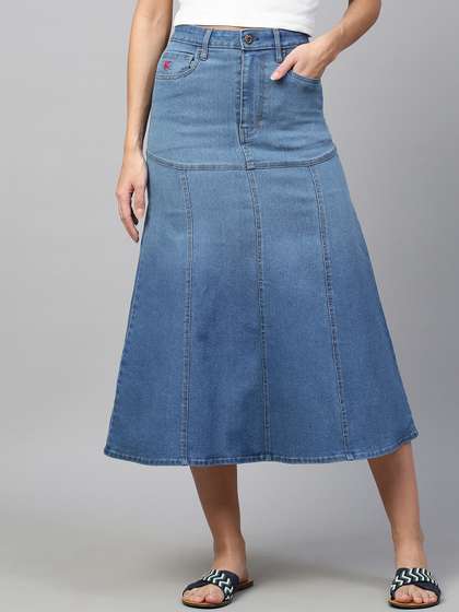 Chemistry Women Solid Denim Flared Midi Skirts