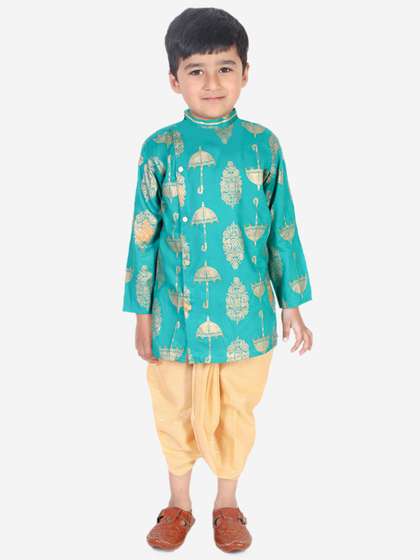 Superminis Boys Green
                    Ethnic Motifs Embroidered Angrakha Gotta Patti Pure
                    Cotton Kurta with Dhoti Pants