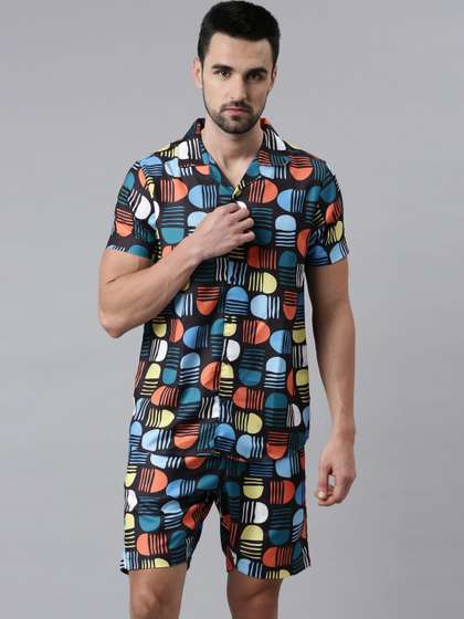 Bushirt Men Yellow
                        & Blue Printed Night suit