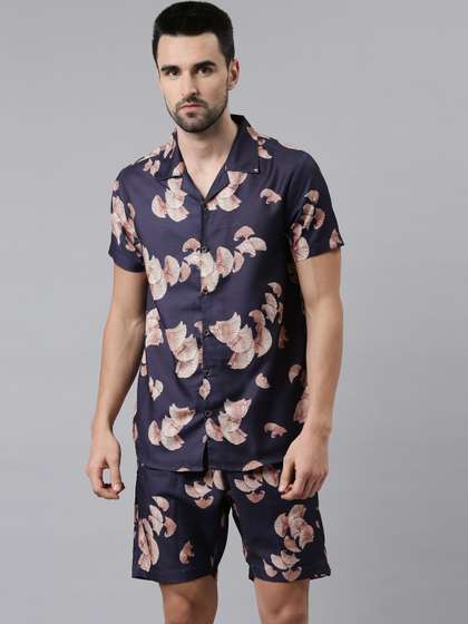 Bushirt Men Navy
                        Blue & Pink Printed Night suit