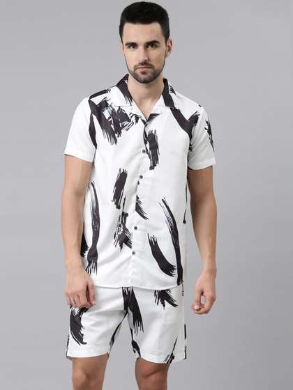 Bushirt Men White
                          & Black Printed Night suit
