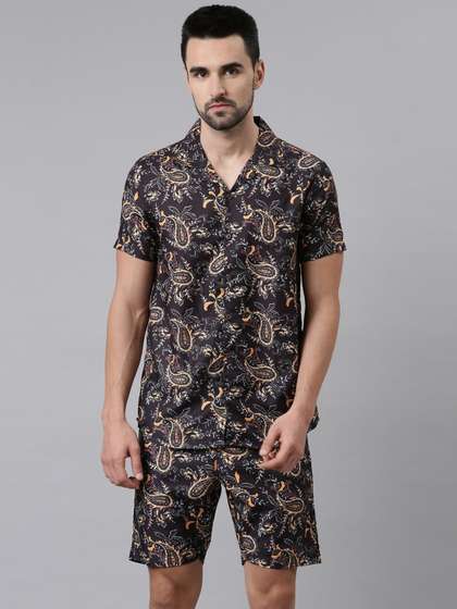 Bushirt Men Black
                        & Orange Printed Night suit
