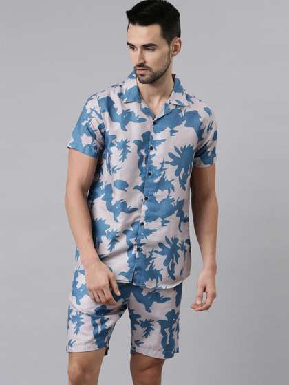 Bushirt Men Blue
                        & Cream-Coloured Printed Night suit