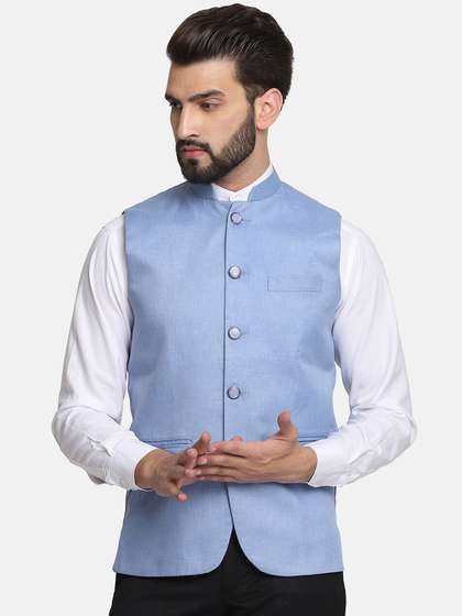 TAHVO Men Blue
                          Solid Satin Nehru Jackets