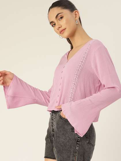 DressBerry Lavender
                        Self Design Lace Inserts Flared Sleeves Top