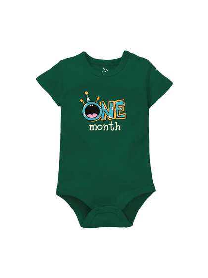 Zeezeezoo Kids Green I
                    Am One Month Printed Pure Cotton Babysuit