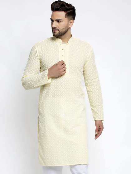 Jompers Men Yellow Geometric Thread Work Kurta
