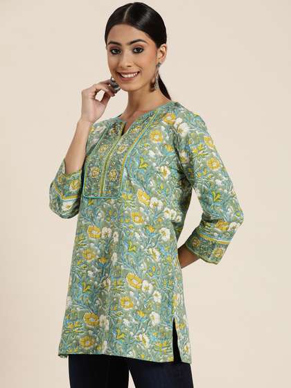 Rain & Rainbow Green Ethnic Motifs Printed Pure Cotton Kurti