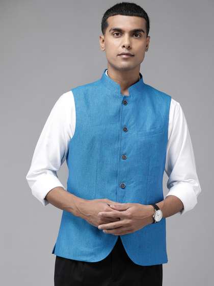 Blackberrys Men Blue
                        Pure Linen Self-Design Slim Fit Nehru Jacket